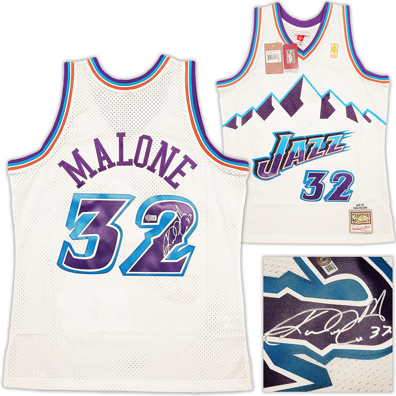 Utah Jazz Karl Malone Autographed White Authentic Mitchell & Ness Jersey Size L Beckett BAS Stock #211874