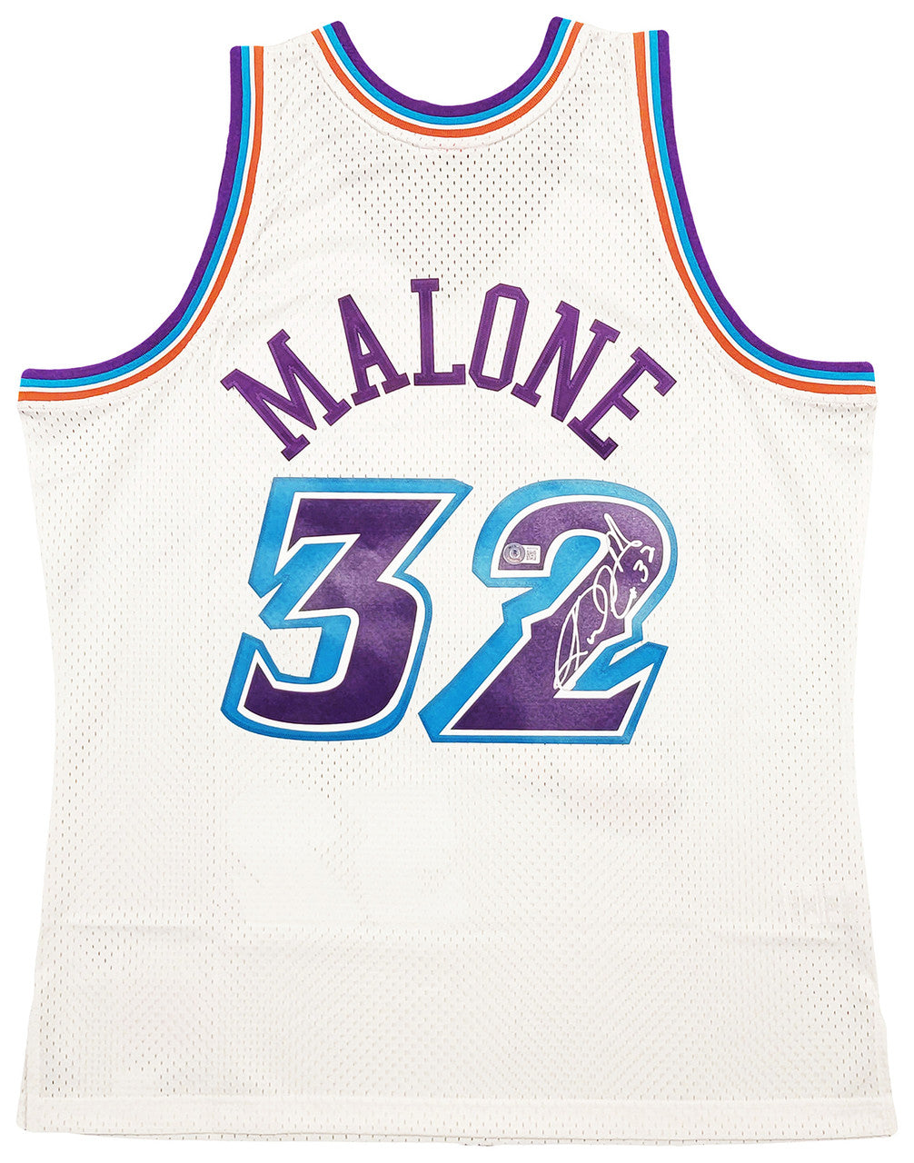 Utah Jazz Karl Malone Autographed White Authentic Mitchell & Ness Jersey Size XL Beckett BAS Stock #211873