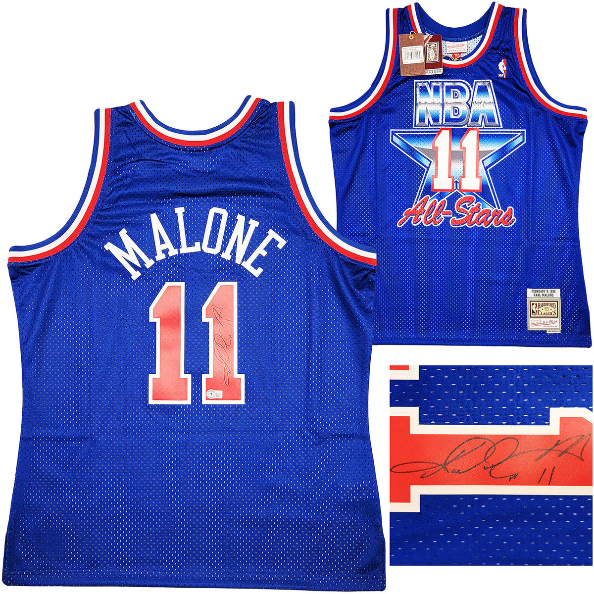 Utah Jazz Karl Malone Autographed Blue Authentic Mitchell & Ness 1992 All Star Game Jersey Size XL Beckett BAS Witness Stock #211879