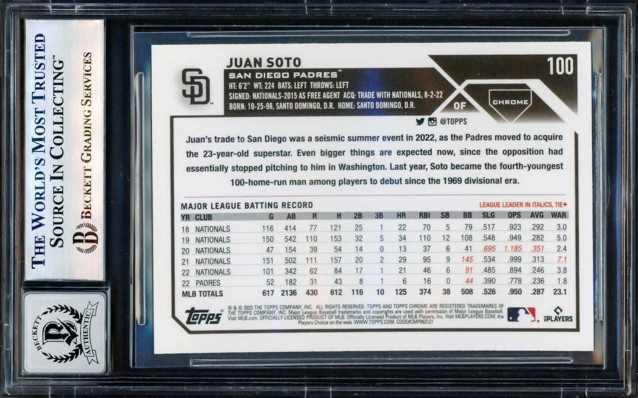 Juan Soto Autographed 2023 Topps Chrome Sepia Refractor Card #100 San Diego Padres Auto Grade Gem Mint 10 Beckett BAS #17605033