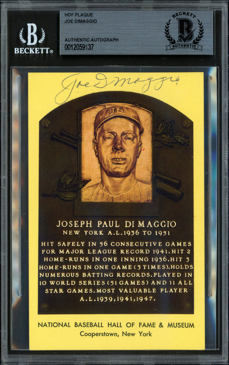 Joe DiMaggio Autographed Hall of Fame HOF Plaque Postcard New York Yankees Beckett BAS #12059137