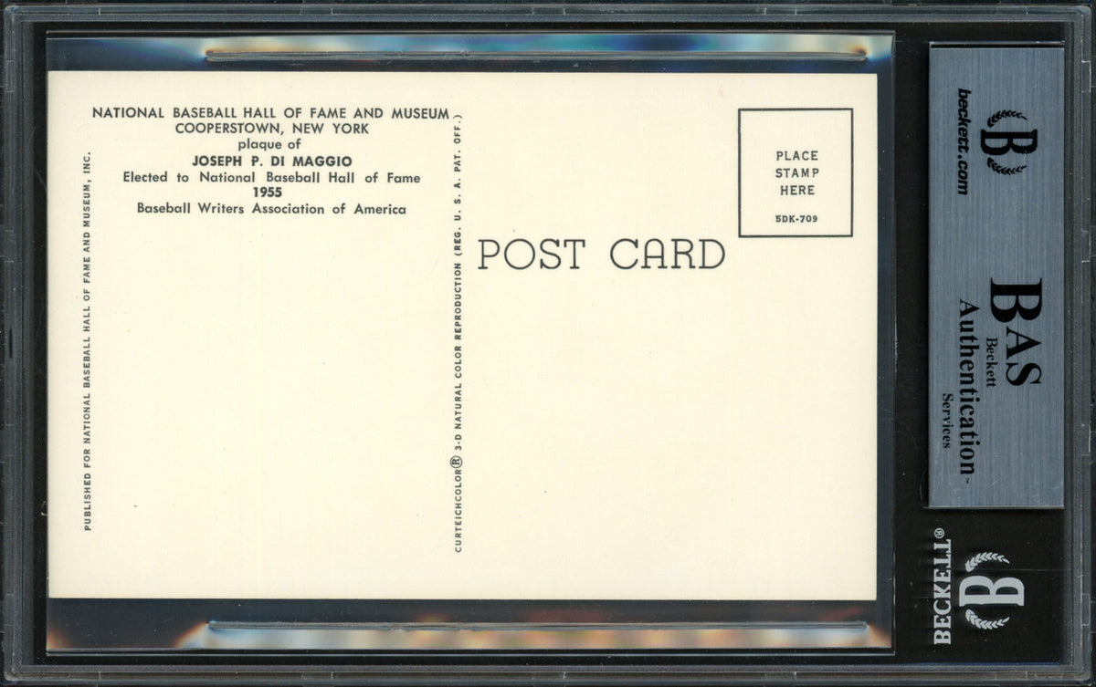 Joe DiMaggio Autographed Hall of Fame HOF Plaque Postcard New York Yankees Beckett BAS #12059137