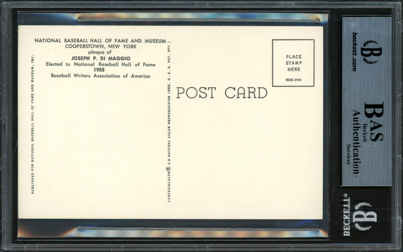 Joe DiMaggio Autographed Hall of Fame HOF Plaque Postcard New York Yankees Beckett BAS #12059149