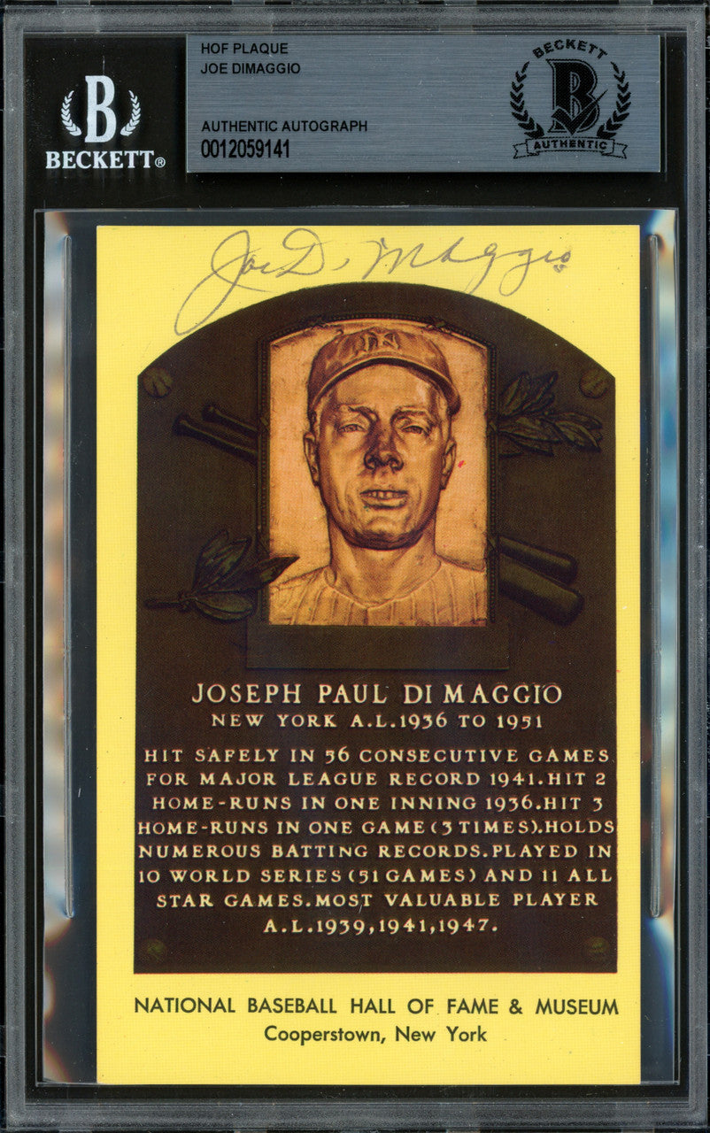 Joe DiMaggio Autographed Hall of Fame HOF Plaque Postcard New York Yankees Beckett BAS #12059141