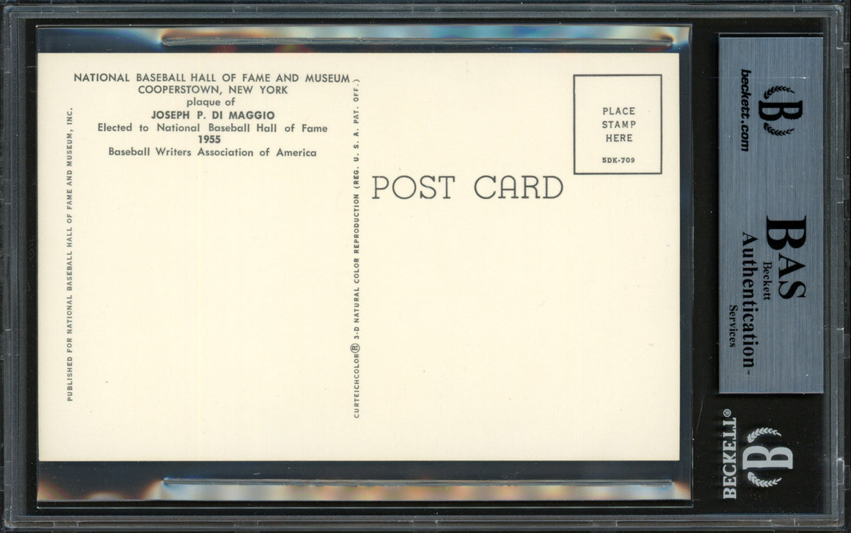 Joe DiMaggio Autographed Hall of Fame HOF Plaque Postcard New York Yankees Beckett BAS #12059141