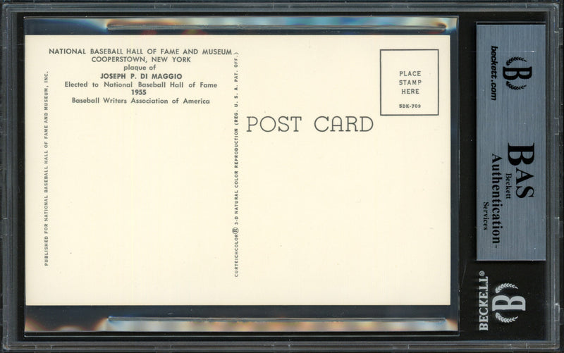 Joe DiMaggio Autographed Hall of Fame HOF Plaque Postcard New York Yankees Beckett BAS #12059141