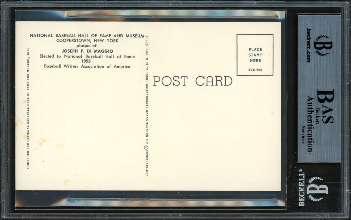 Joe DiMaggio Autographed Hall of Fame HOF Plaque Postcard New York Yankees Beckett BAS #12059147