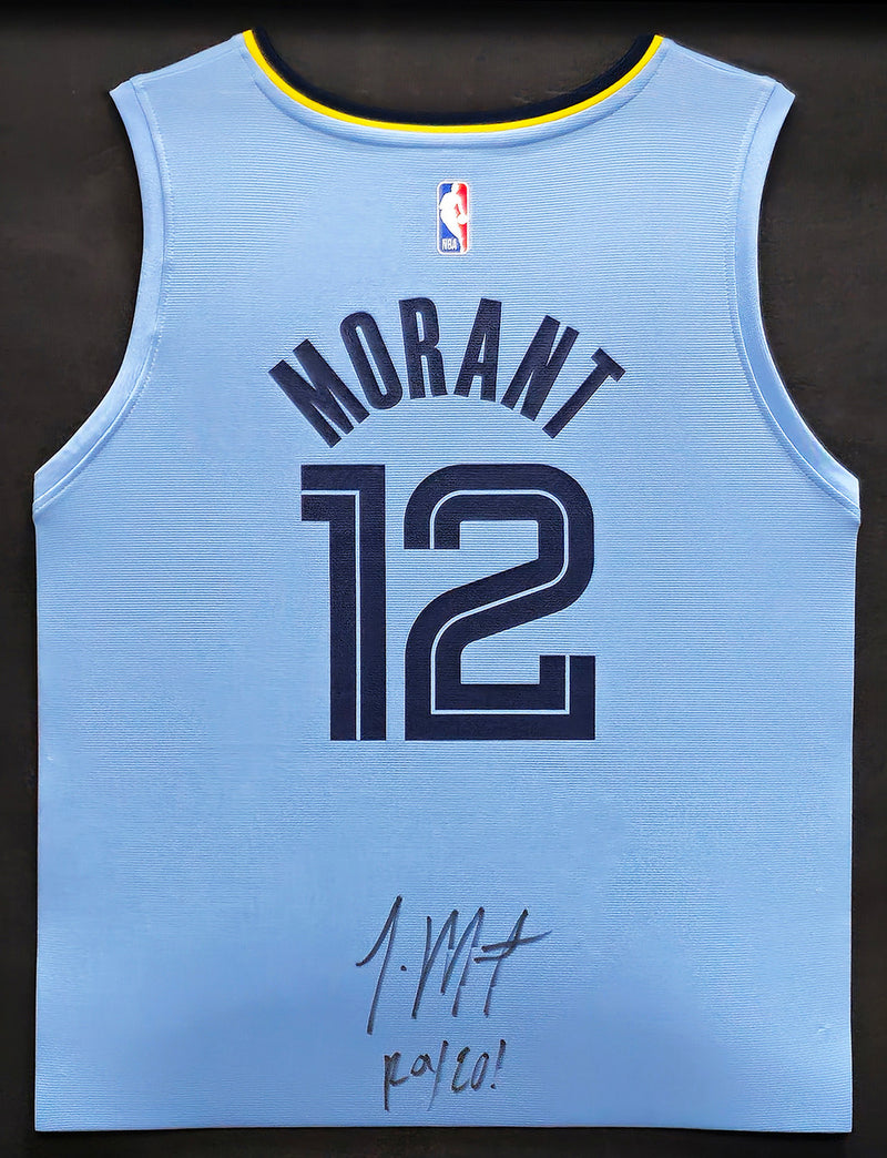 Memphis Grizzlies Ja Morant Autographed Framed Light Blue Fanatics Jersey "ROY 20" Beckett BAS QR Stock #212659