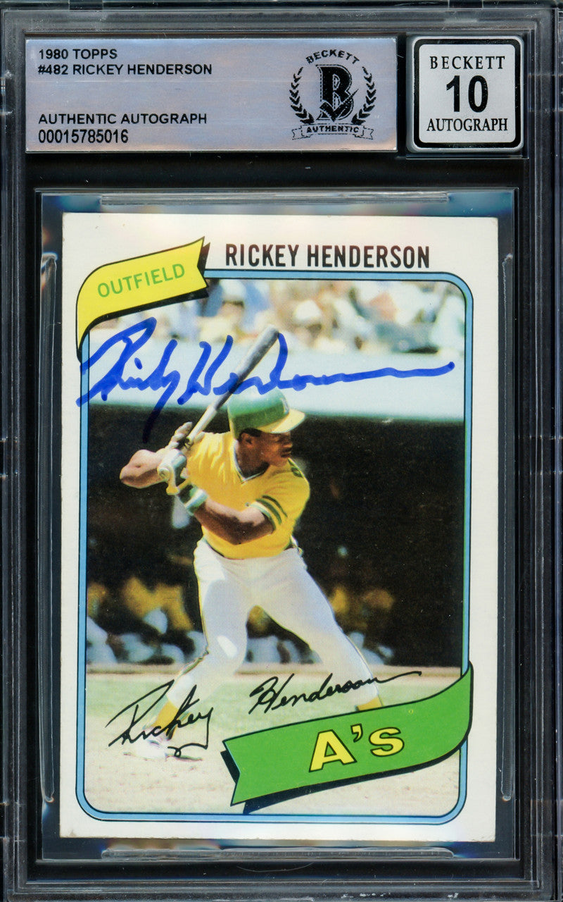 Rickey Henderson Autographed 1980 Topps Rookie Card #482 Oakland A's Auto Grade Gem Mint 10 Beckett BAS #15785016
