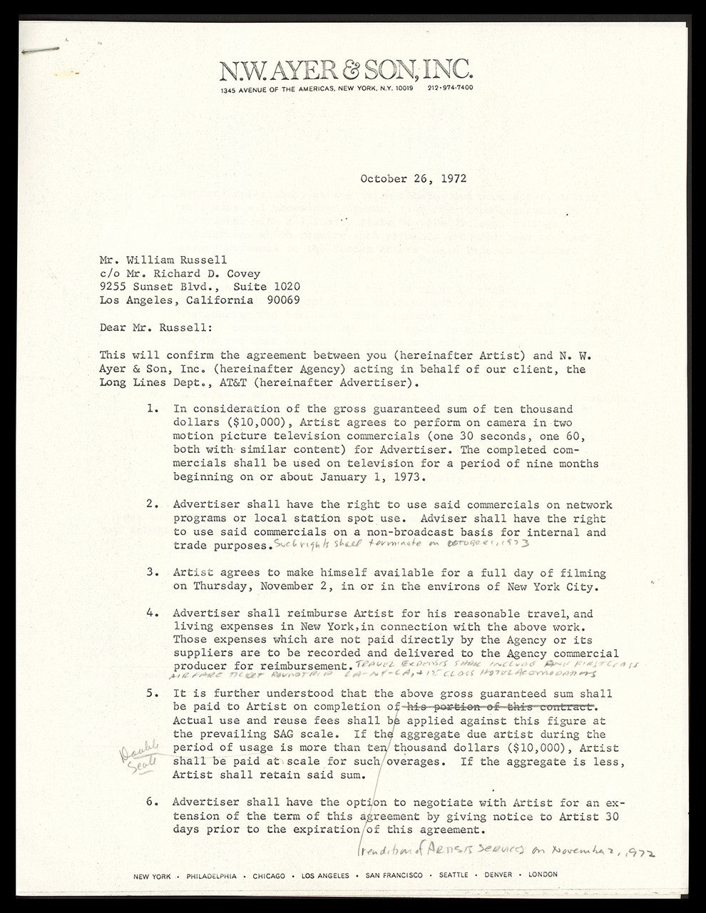 Bill Russell Autographed 1972 Advertising Document Contract Boston Celtics Beckett BAS #AC74546
