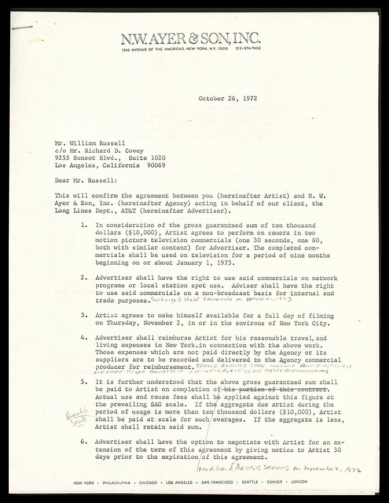 Bill Russell Autographed 1972 Advertising Document Contract Boston Celtics Beckett BAS #AC74546