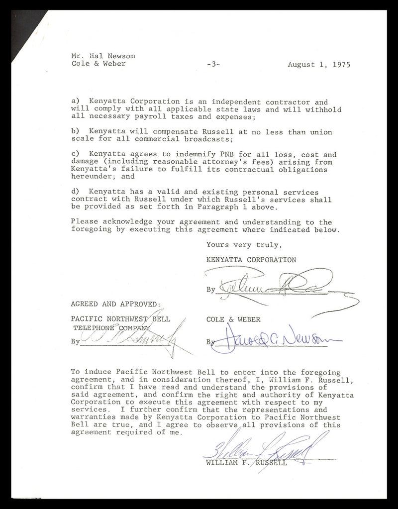 Bill Russell Autographed 1975 TV Contract Boston Celtics Beckett BAS #AC74544