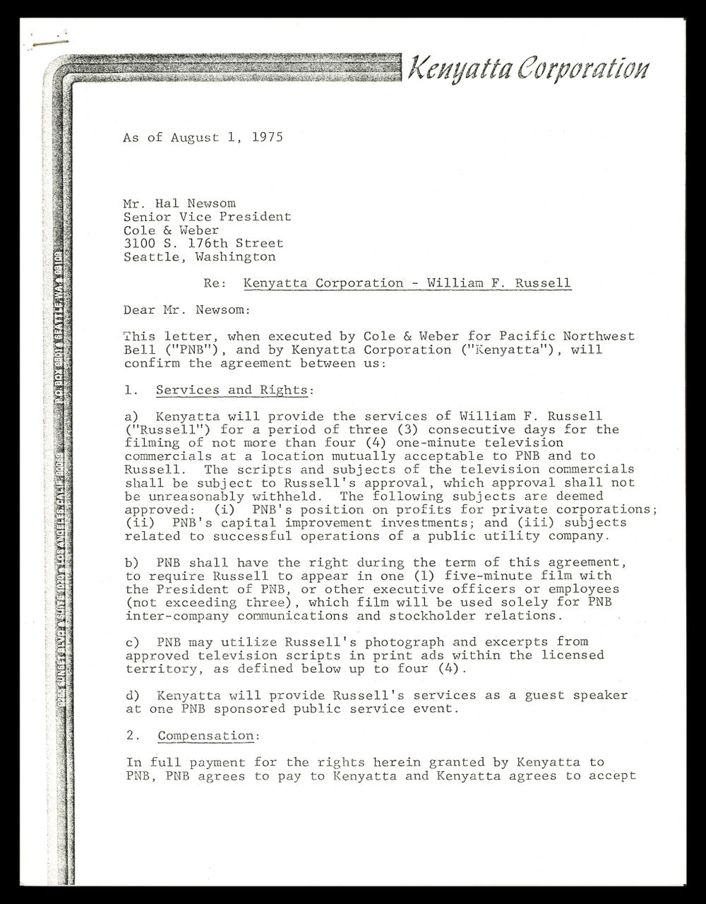 Bill Russell Autographed 1975 TV Contract Boston Celtics Beckett BAS #AC74544
