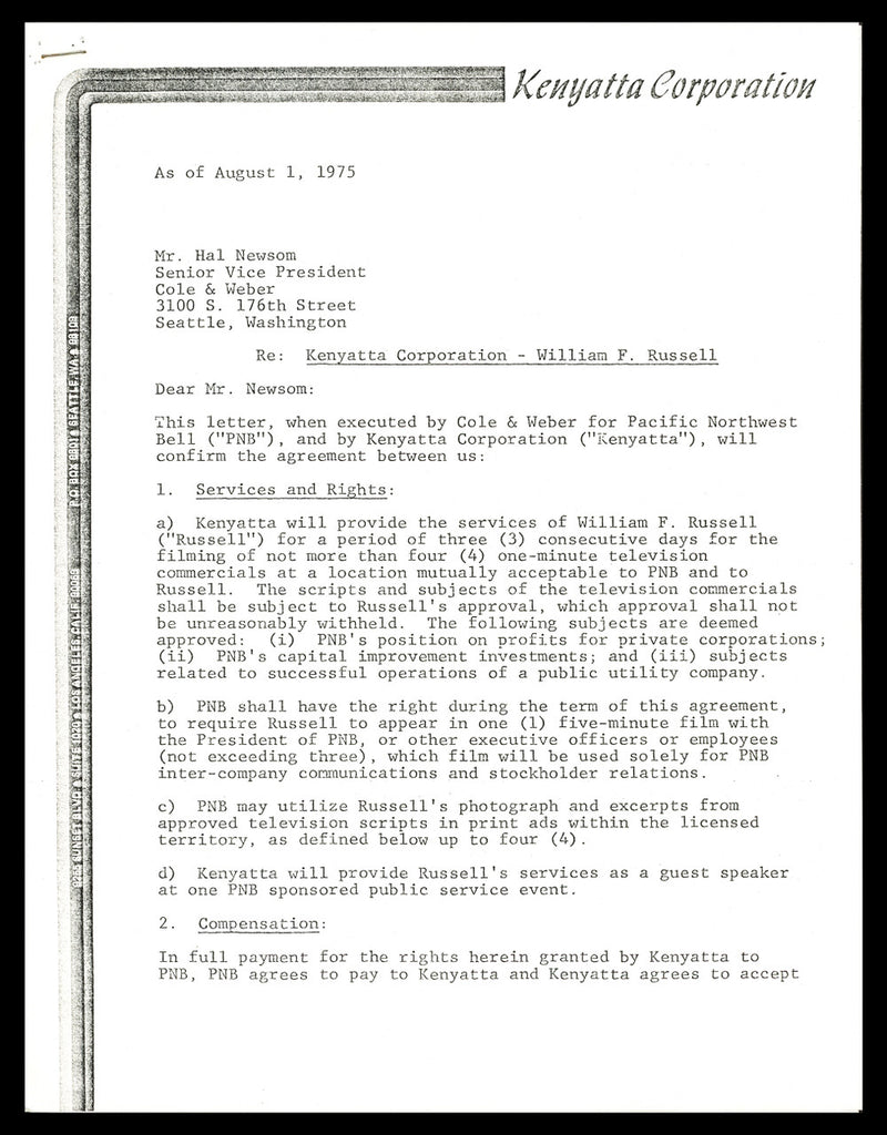 Bill Russell Autographed 1975 TV Contract Boston Celtics Beckett BAS #AC74544