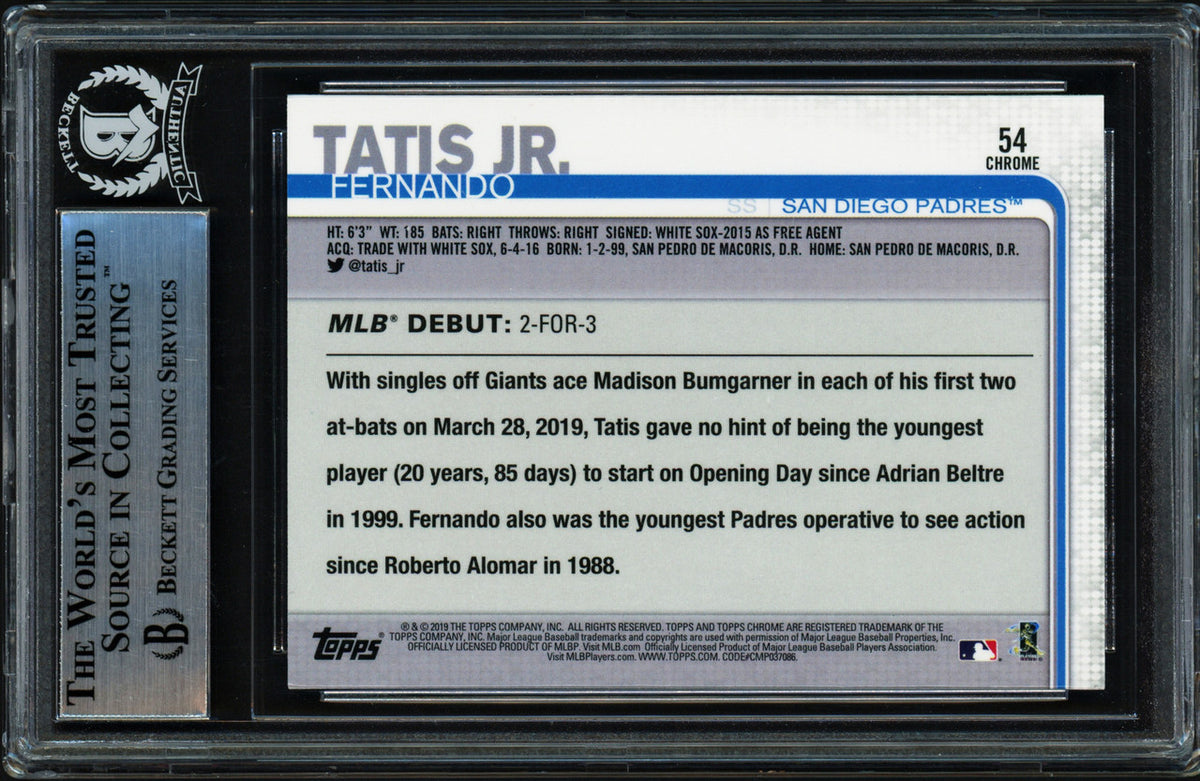 Fernando Tatis Jr. Autographed 2019 Topp Chrome Update Rookie Card #54 San Diego Padres (Bubbling) Beckett BAS Stock #239739