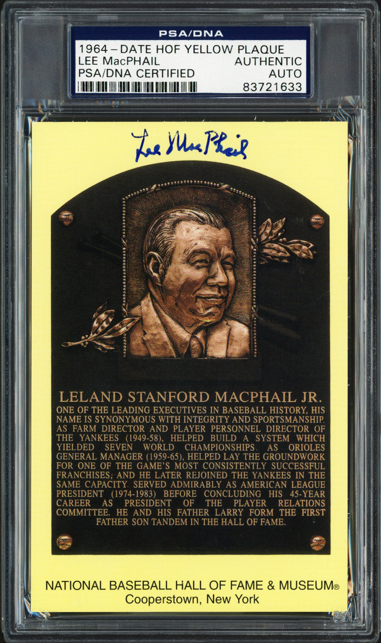 Lee MacPhail Autographed Hall of Fame HOF Plaque Postcard New York Yankees President & Executive Beckett BAS Stock #239741
