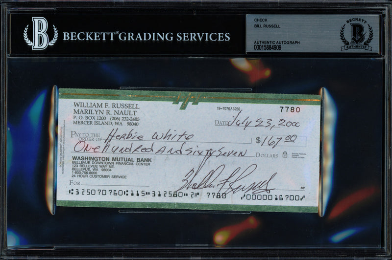 Bill Russell Autographed 3x6 Check Boston Celtics Beckett BAS Stock #239745