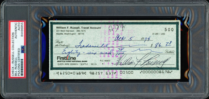 Bill Russell Autographed 3x6 Check Boston Celtics PSA/DNA Stock #239748