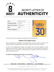 Golden State Warriors Stephen Curry Autographed Yellow Jersey Beckett BAS Stock #238842