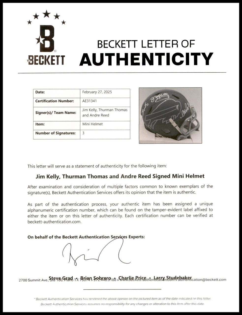 Jim Kelly, Thurman Thomas & Andre Reed Autographed Buffalo Bills Slate Gray Speed Mini Helmet Beckett BAS QR Stock #238933