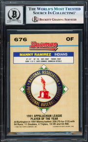 Manny Ramirez Autographed 1992 Bowman Gold Foil Rookie Card #676 Cleveland Indians Auto Grade Gem Mint 10 Beckett BAS Stock #239942