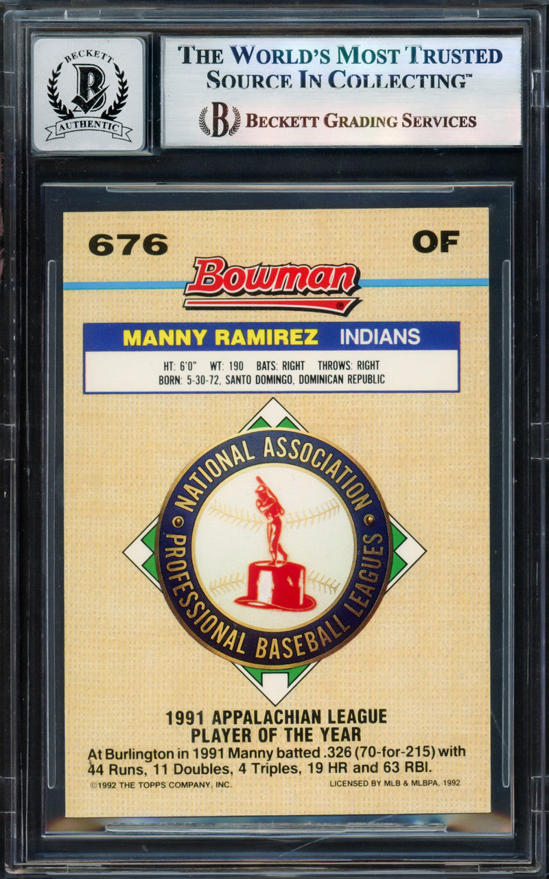 Manny Ramirez Autographed 1992 Bowman Gold Foil Rookie Card #676 Cleveland Indians Auto Grade Gem Mint 10 Beckett BAS Stock #239942