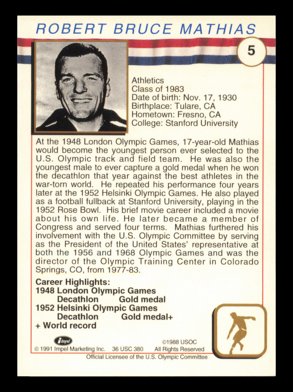 Bob Mathias Autographed 1991 Impel U.S. Olympics Card #5 SKU #240687