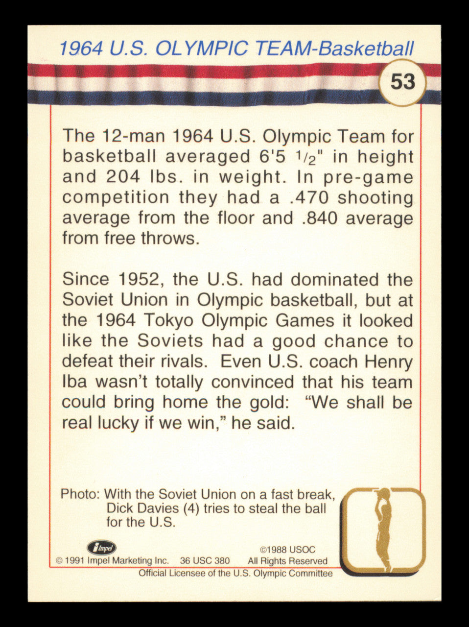 Larry Brown Autographed 1991 Impel Card #53 1964 Team USA Basketball SKU #240702