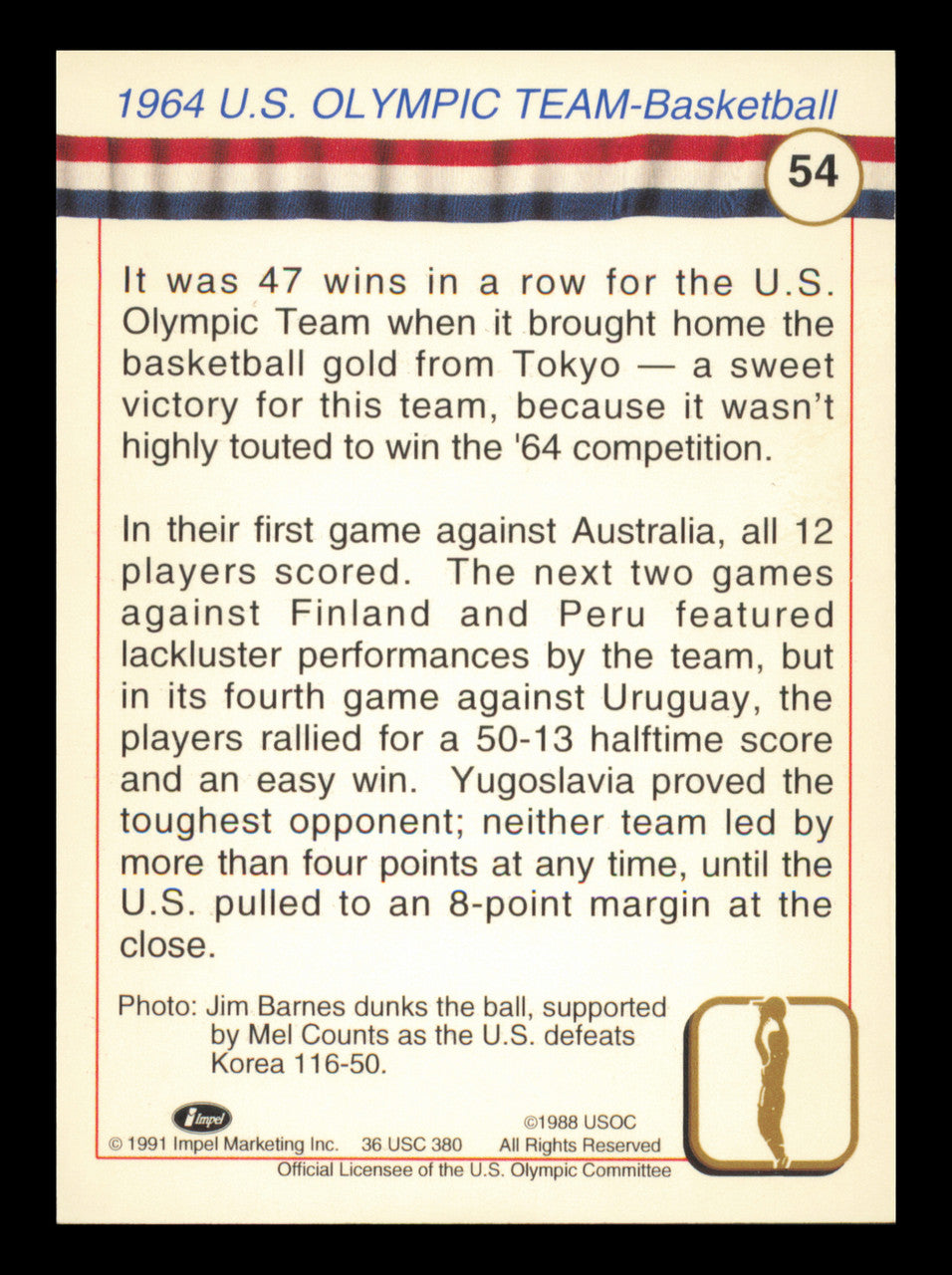 Mel Counts Autographed 1991 Impel Card #54 1964 Team USA Basketball SKU #240703
