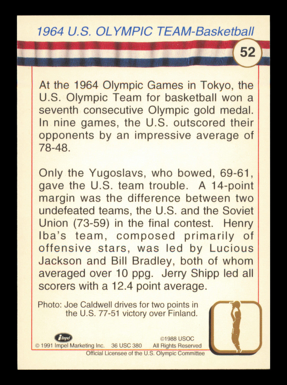 Joe Caldwell Autographed 1991 Impel Card #52 1964 Team USA Basketball SKU #240705