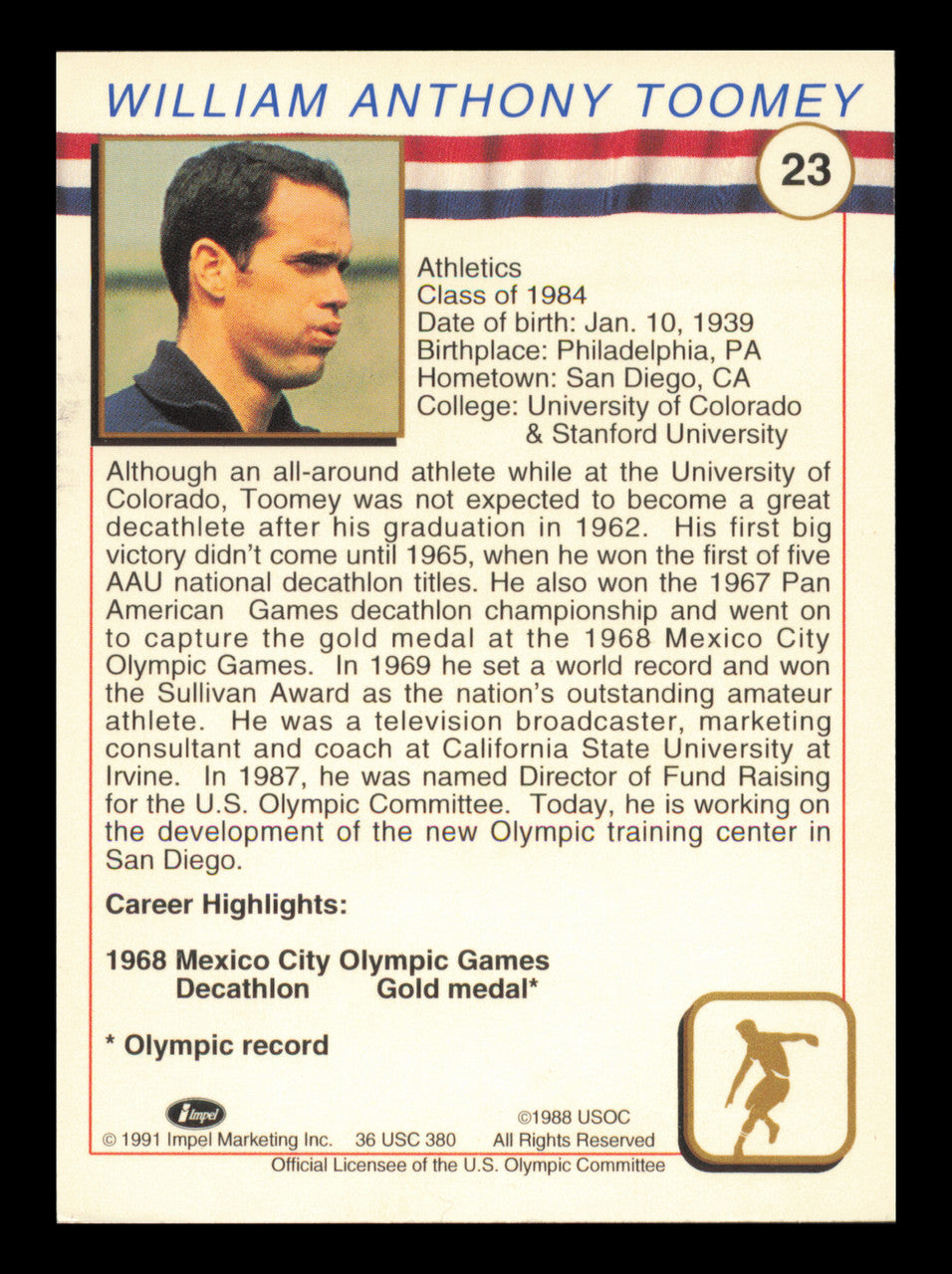 Bill Toomey Autographed 1991 Impel U.S. Olympics Card #23 SKU #240713