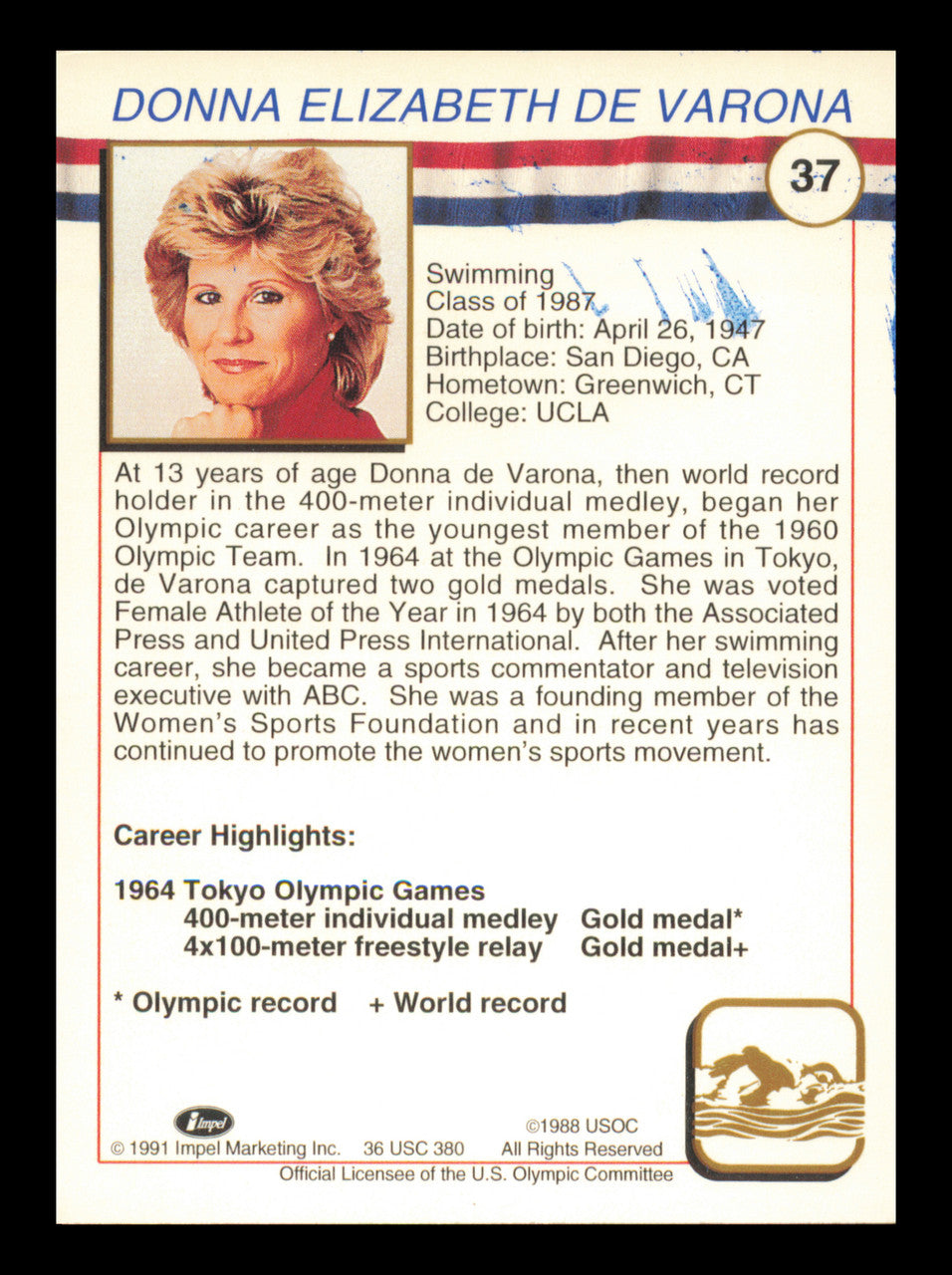 Donna De Varona Autographed 1991 Impel U.S. Olympics Card #37 SKU #240715