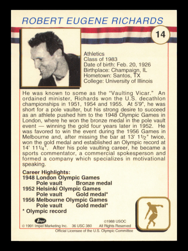 Bob Richards Autographed 1991 Impel U.S. Olympics Card #14 SKU #240717