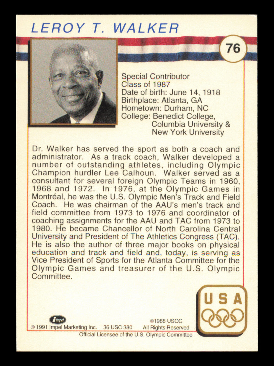 Leroy Walker Autographed 1991 Impel U.S. Olympics Card #76 SKU #240721