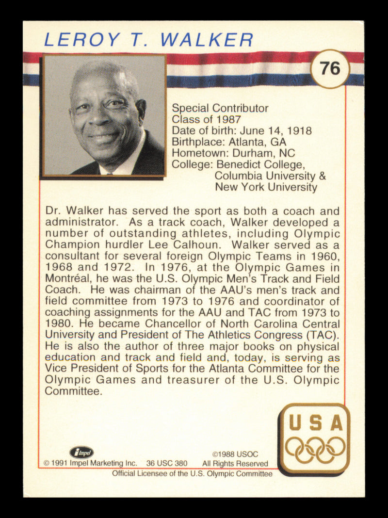 Leroy Walker Autographed 1991 Impel U.S. Olympics Card #76 SKU #240721