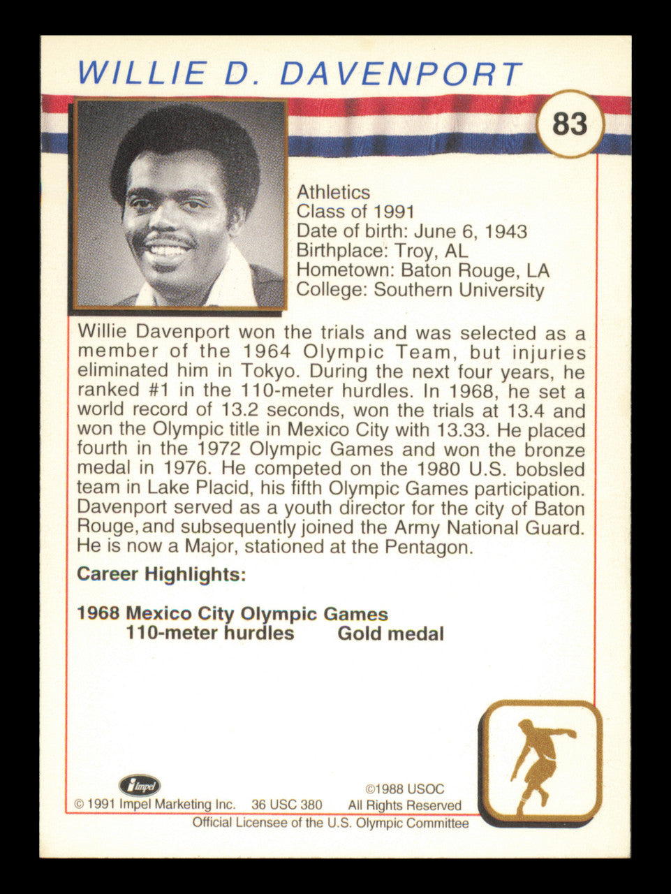 Willie Davenport Autographed 1991 Impel U.S. Olympics Card #83 SKU #241296