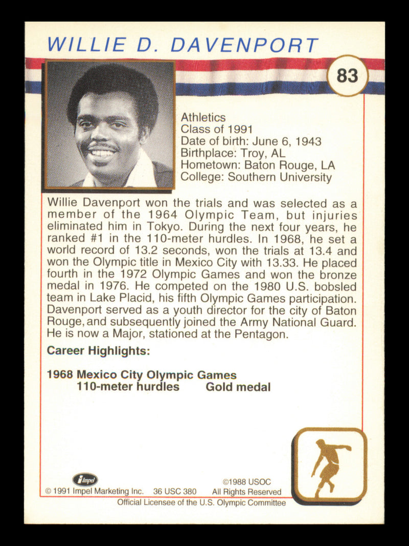Willie Davenport Autographed 1991 Impel U.S. Olympics Card #83 SKU #241296