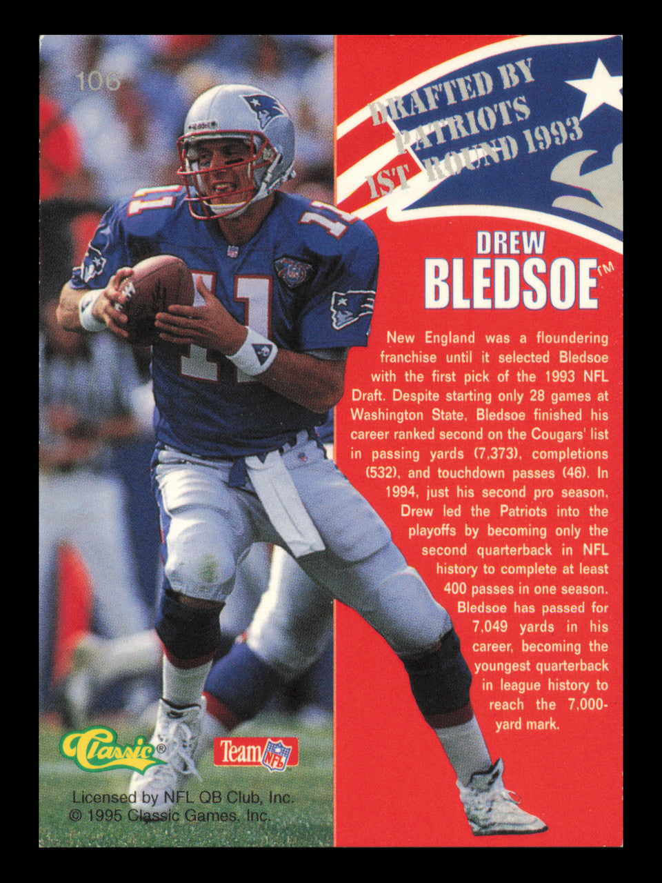 Drew Bledsoe Autographed 1995 Classic Printers Proof Card #106 New England Patriots SKU #240778