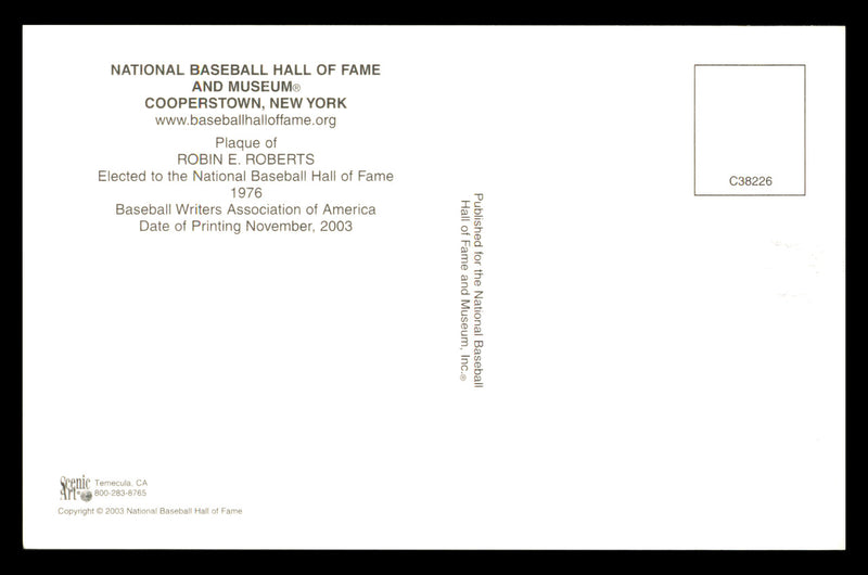 Robin Roberts Autographed Hall of Fame HOF Plaque Postcard Philadelphia Phillies SKU #240798