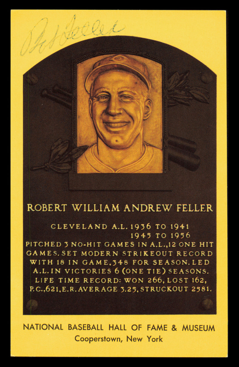 Bob Feller Autographed Hall of Fame HOF Plaque Postcard Cleveland Indians SKU #240819