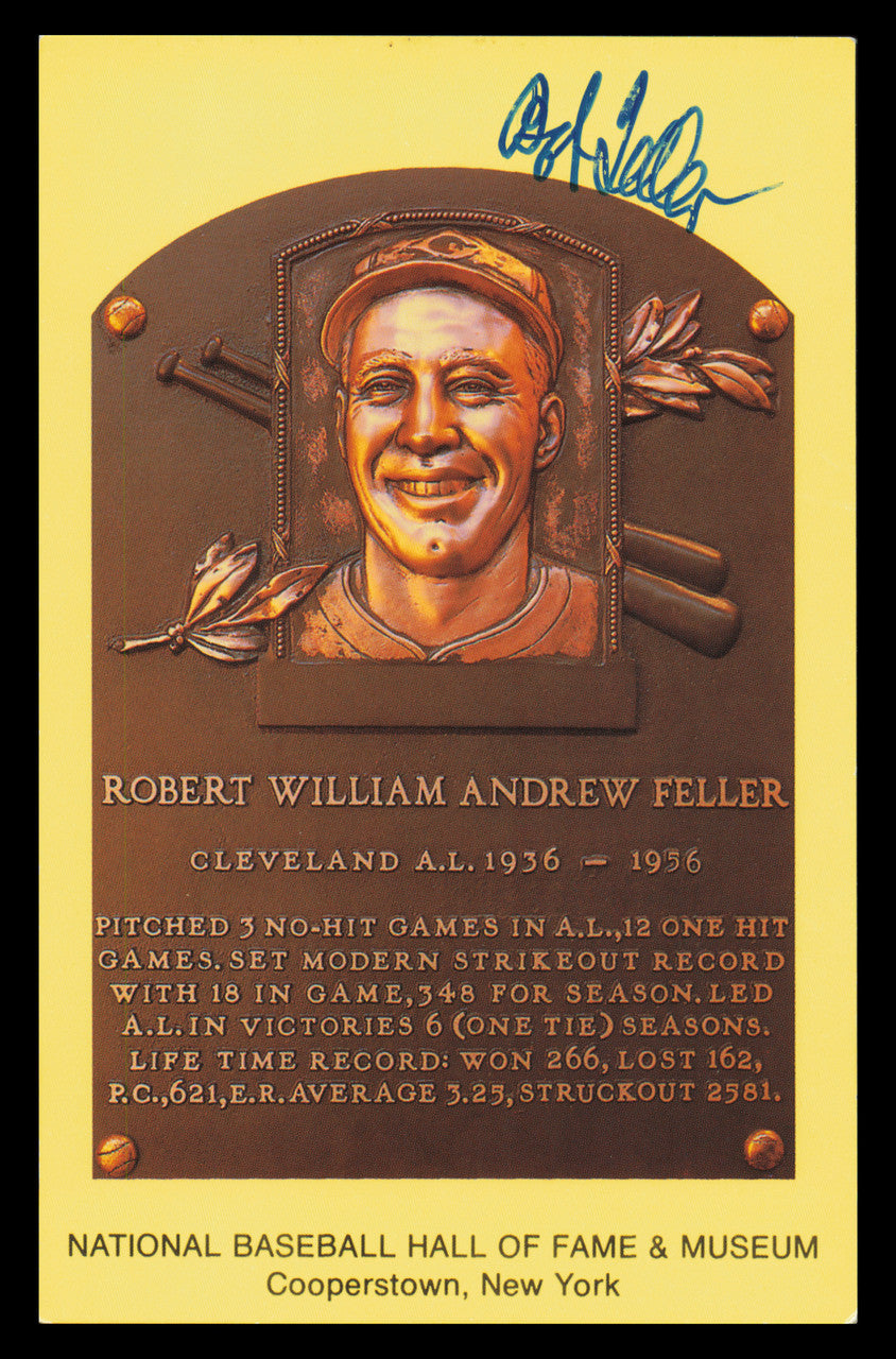 Bob Feller Autographed Hall of Fame HOF Plaque Postcard Cleveland Indians SKU #240824