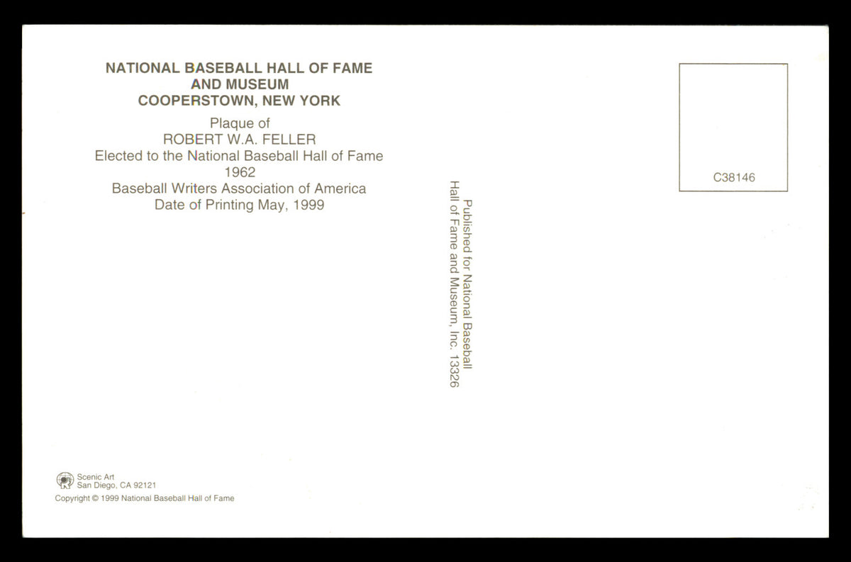 Bob Feller Autographed Hall of Fame HOF Plaque Postcard Cleveland Indians SKU #240824