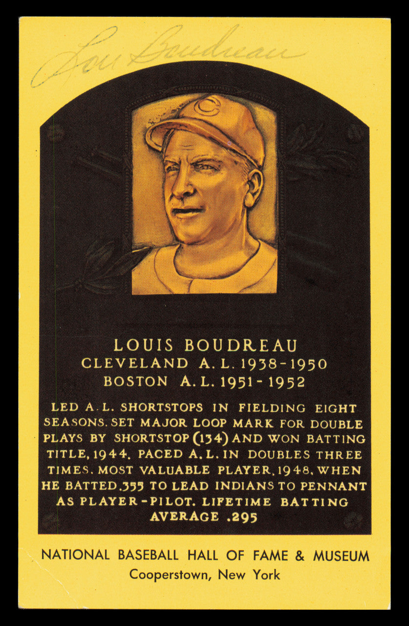 Lou Boudreau Autographed Hall of Fame HOF Plaque Postcard Cleveland Indians SKU #240846