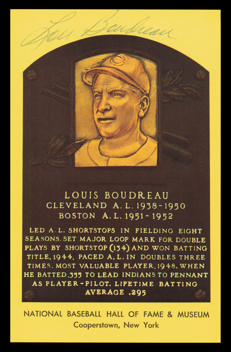 Lou Boudreau Autographed Hall of Fame HOF Plaque Postcard Cleveland Indians SKU #240850
