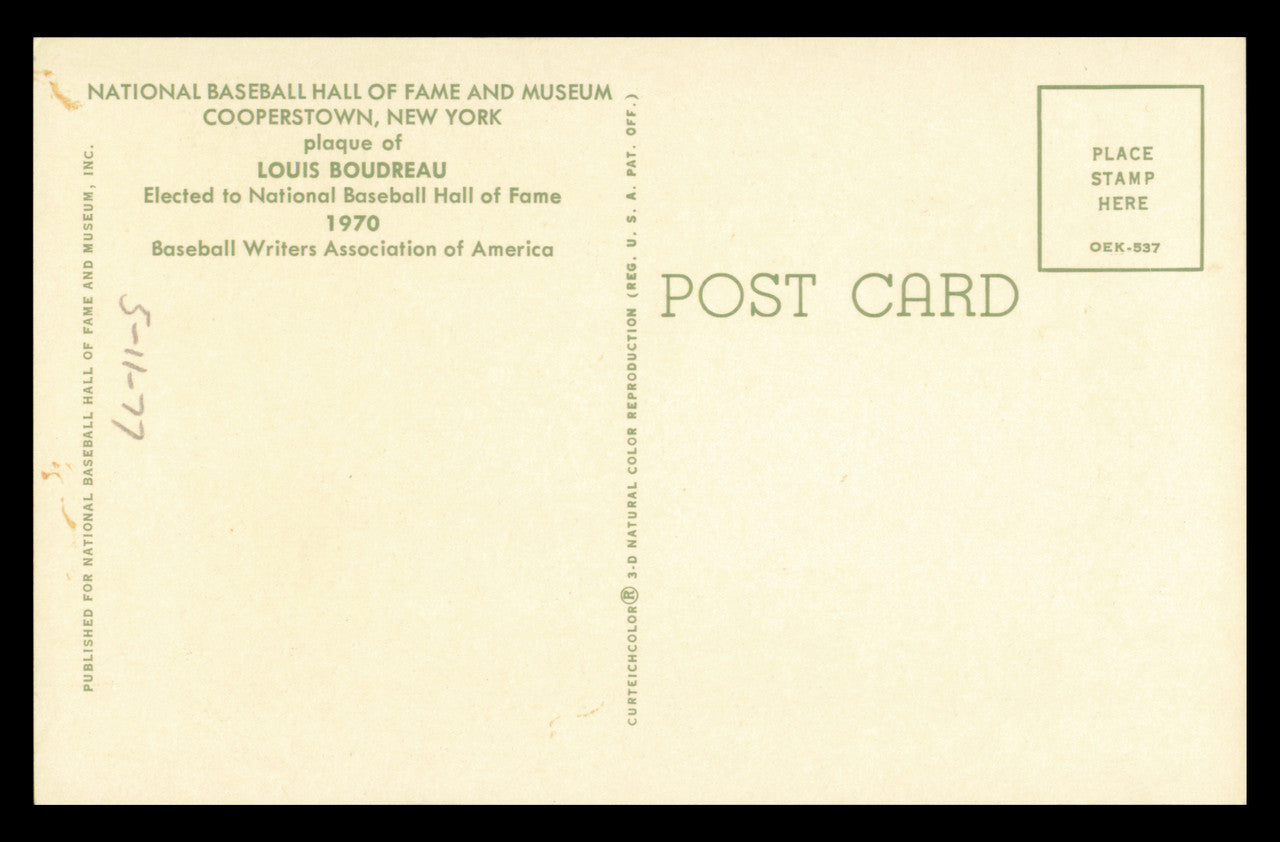 Lou Boudreau Autographed Hall of Fame HOF Plaque Postcard Cleveland Indians SKU #240850