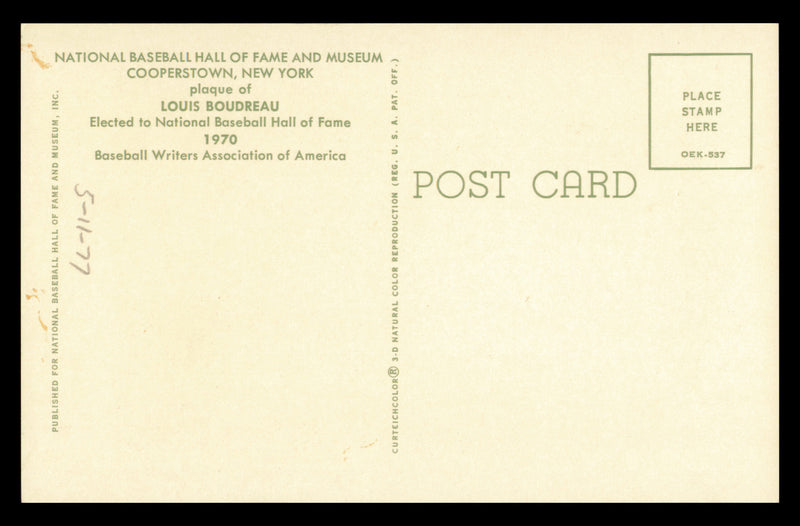 Lou Boudreau Autographed Hall of Fame HOF Plaque Postcard Cleveland Indians SKU #240850