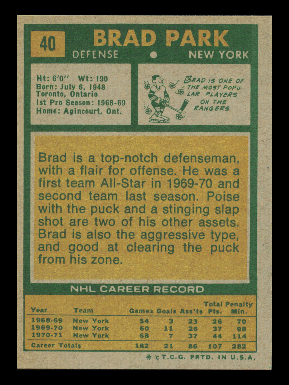 Brad Park Autographed 1971-72 Topps Card #40 New York Rangers SKU #240886