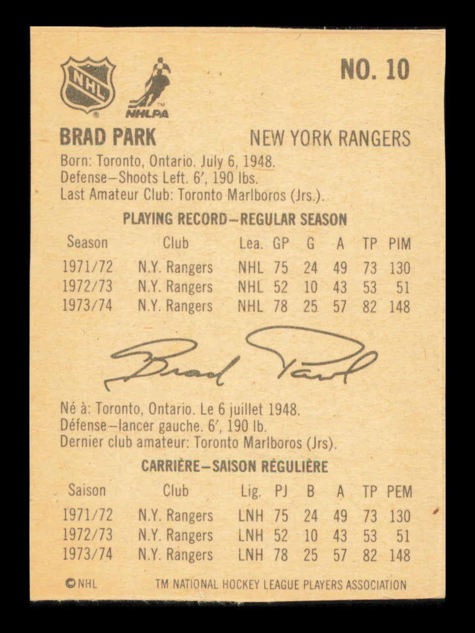 Brad Park Autographed 1974-75 Lipton Soup Card #10 New York Rangers SKU #240894