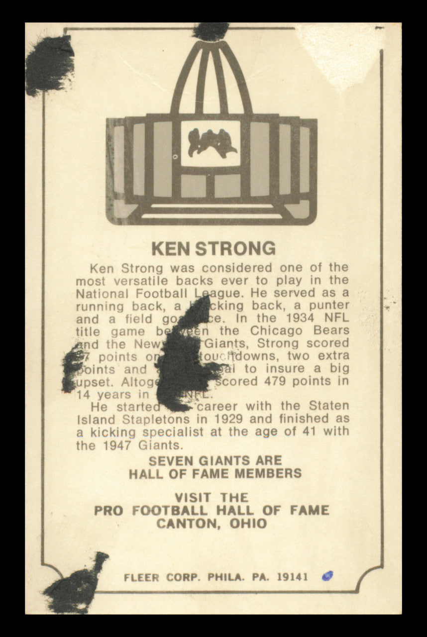 Ken Strong Autographed 1974 Fleer Card New York Giants (Back Damage) SKU #240904