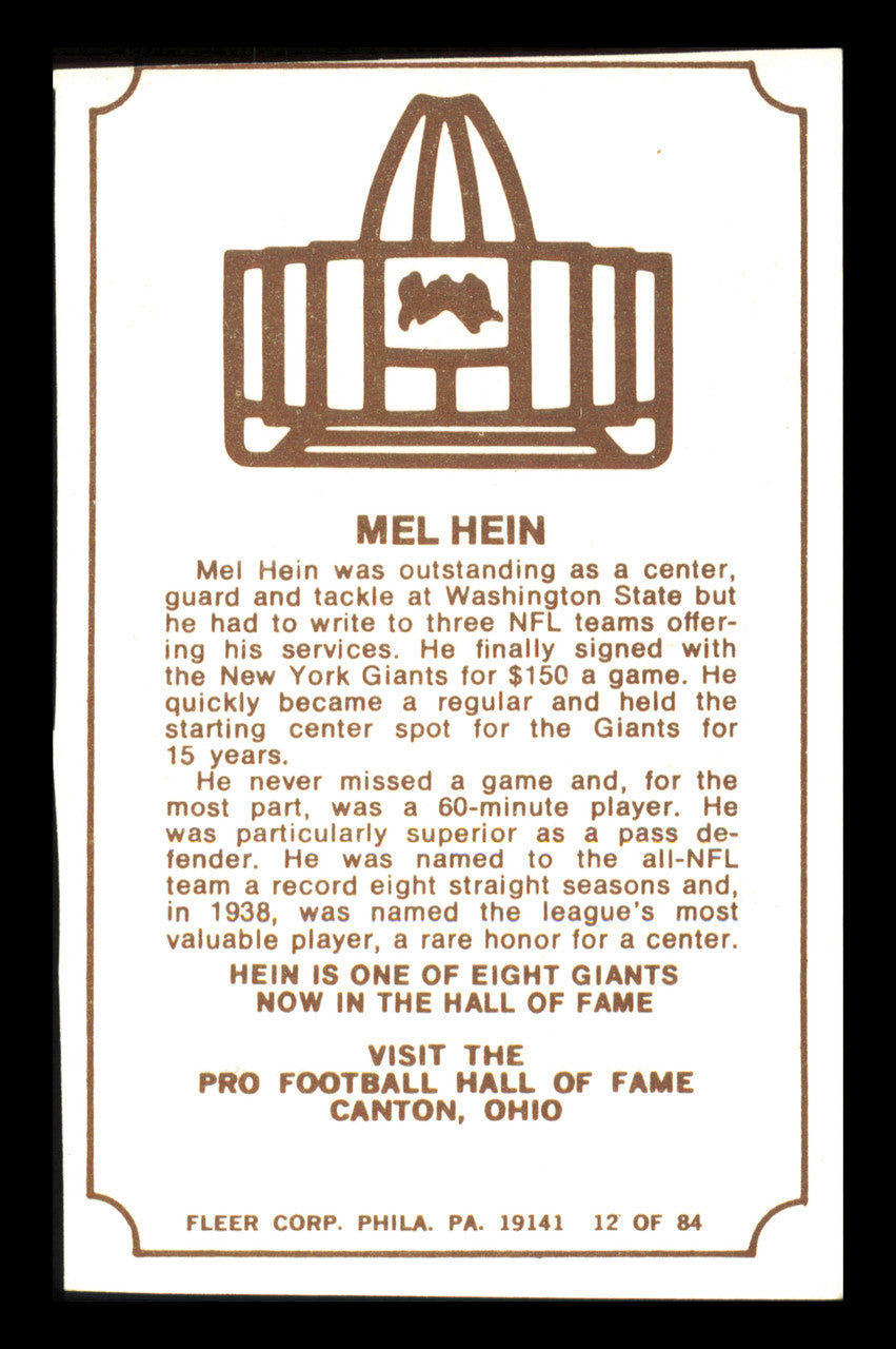 Mel Hein Autographed 1975 Fleer Card #12 New York Giants SKU #240905